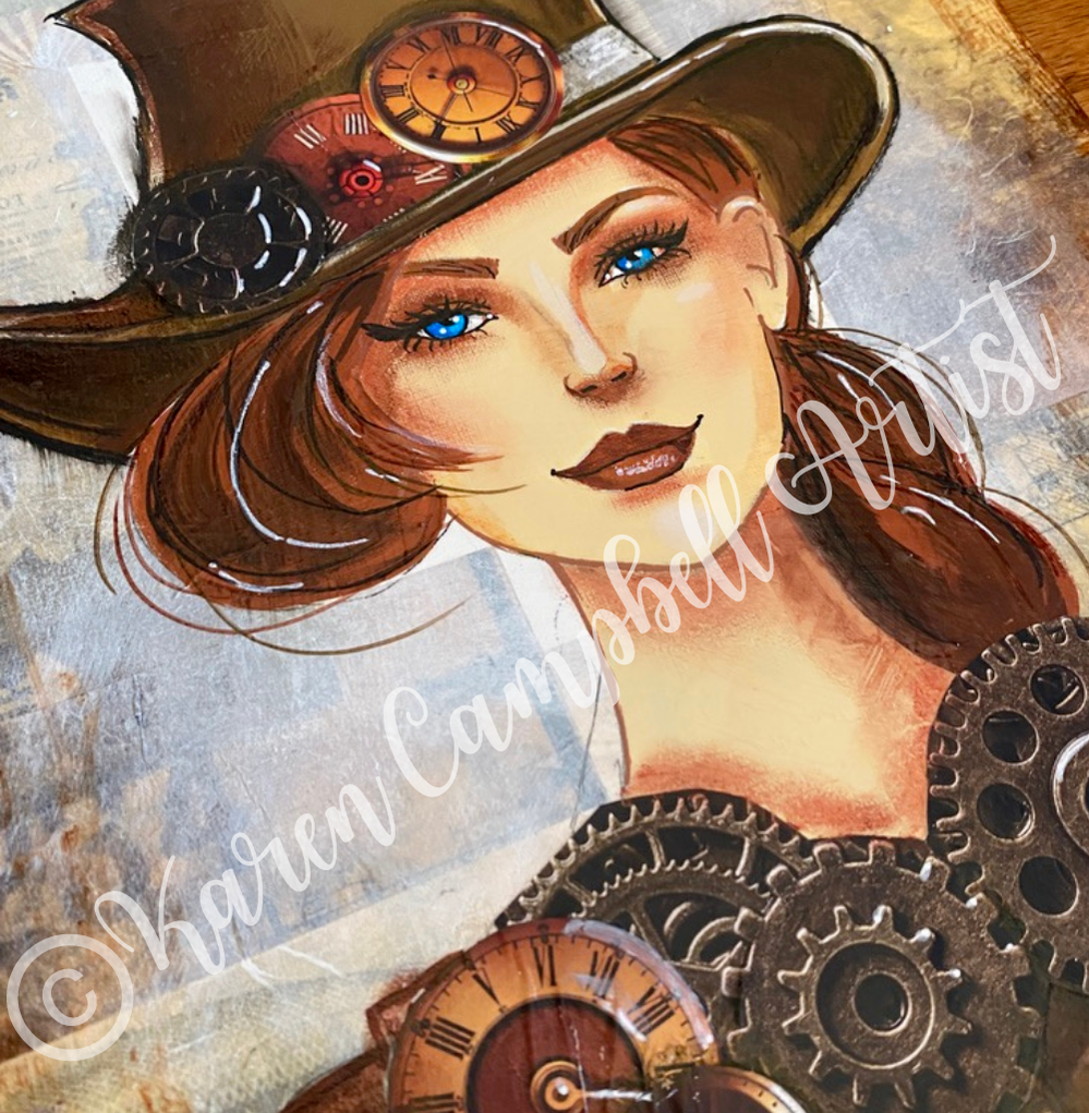 How to Paint a SEXY Mixed Media Face on Canvas Steampunk Style with Karen Campbell Artist