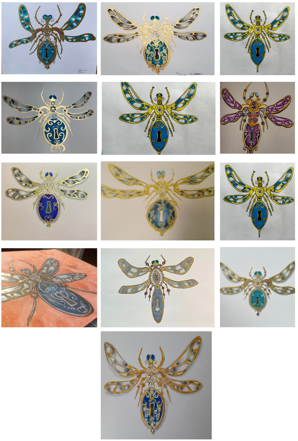 Student Artwork from Steampunk Dragonfly Online Art Lesson with Karen Campbell Artist in the Fun Fab Drawing Club
