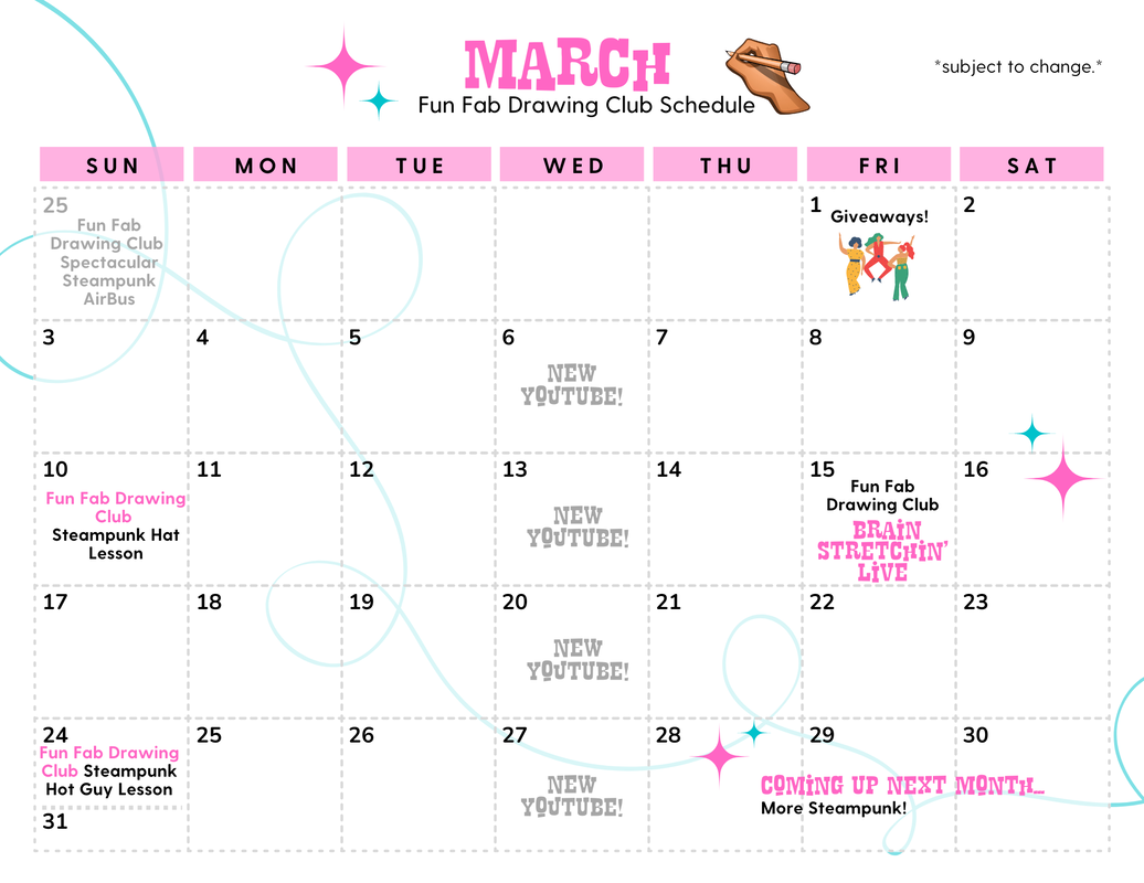 March Fun Fab Drawing Club Online Art Lessons Calendar 