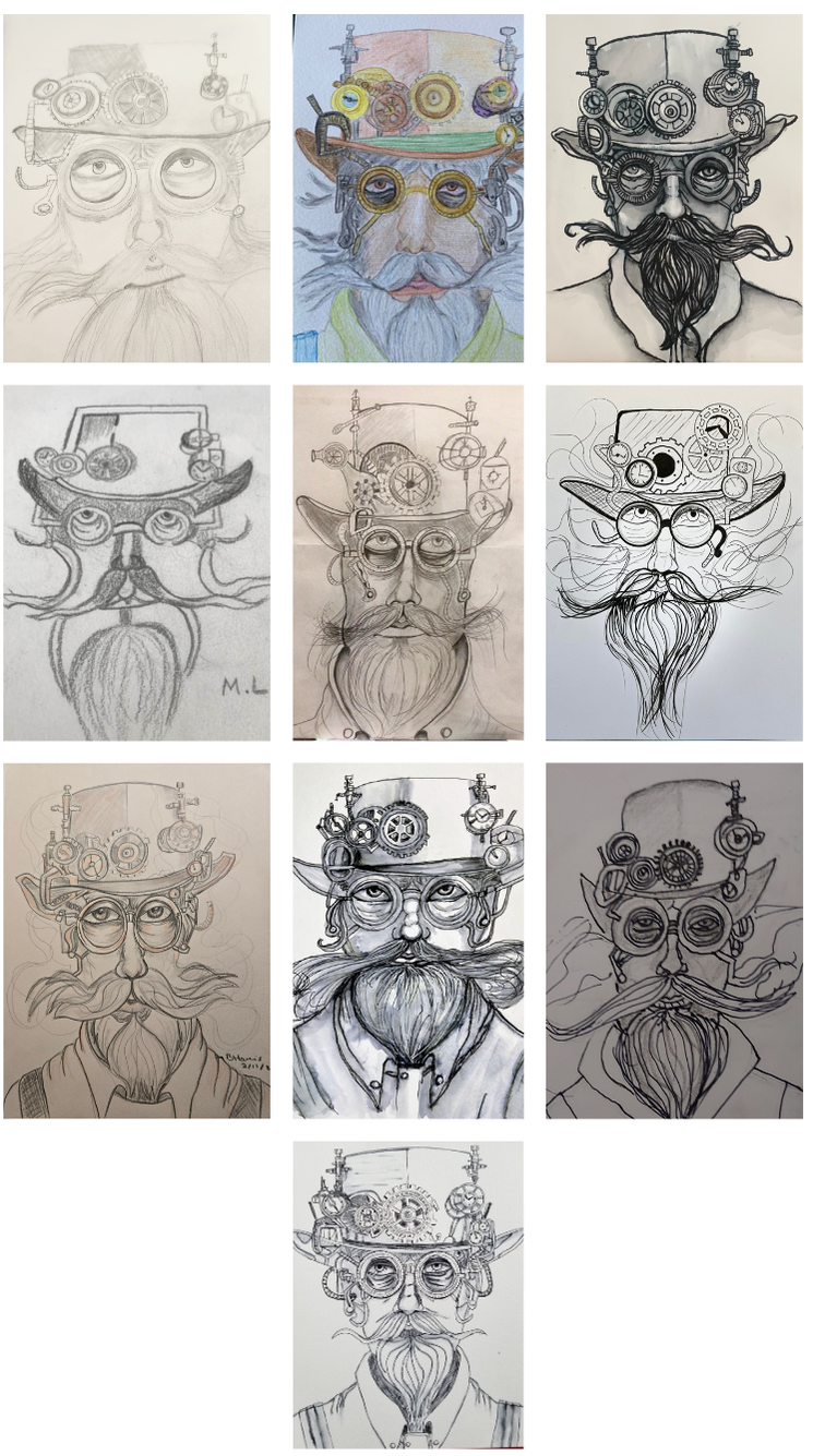 Fun Fab Drawing Club Student Artwork from Steampunk LIVE Draw Along with Karen Campbell Artist