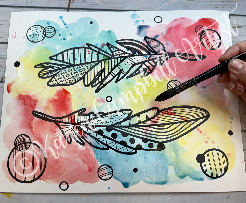 EASY Zentangle Feather Drawing with Watercolor Tutorial by Karen Campbell Artist
