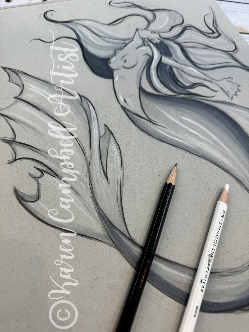 How to Draw a Mermaid on Toned Paper with Karen Campbell Artist in the Fun Fab Drawing Club
